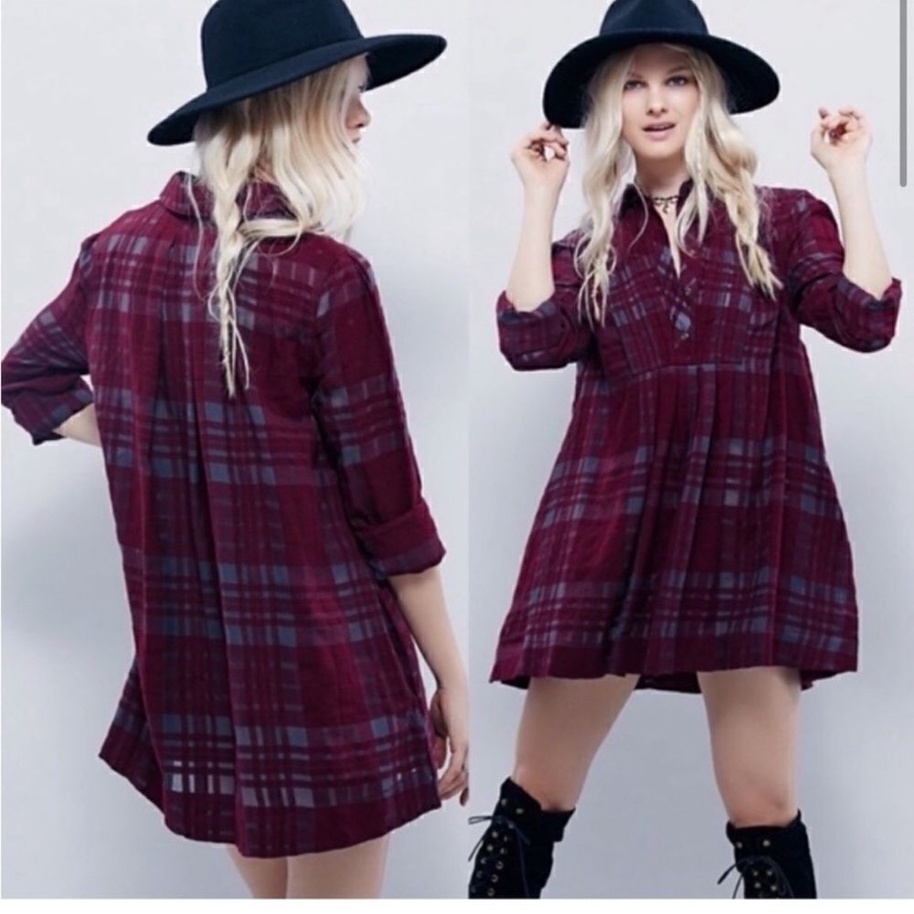 Free People Maroon Plaid Tunic Top Size Small